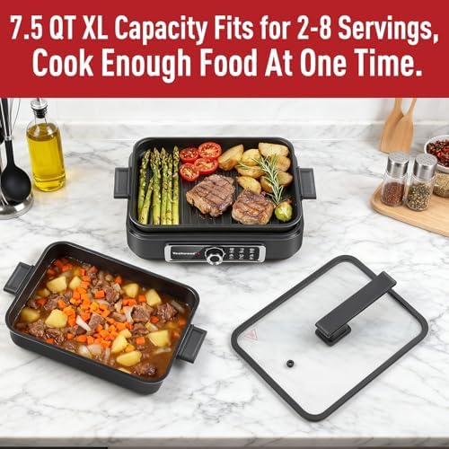 Indoor Grill, Techwood Electric Indoor Grill Griddle 7.5-Quart 1500W Versatile Multi-Cooker with 5-Level Heat Settings, Come with Removable Non-stick Grill Pan& Cooking Pot, Dishwasher Safe - Image 5