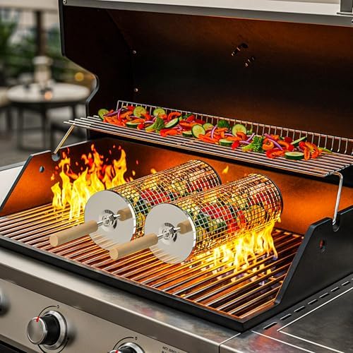Veggie Grill Basket 2 Rolling Stainless Steel Cages for Outdoor BBQ - Image 2
