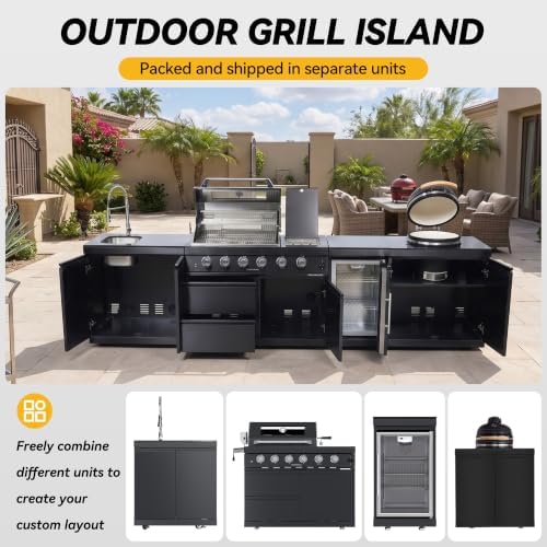 131'' LPG Outdoor Kitchen Island with Grill, 72000 BTU, 6-Burner, Black - Image 4