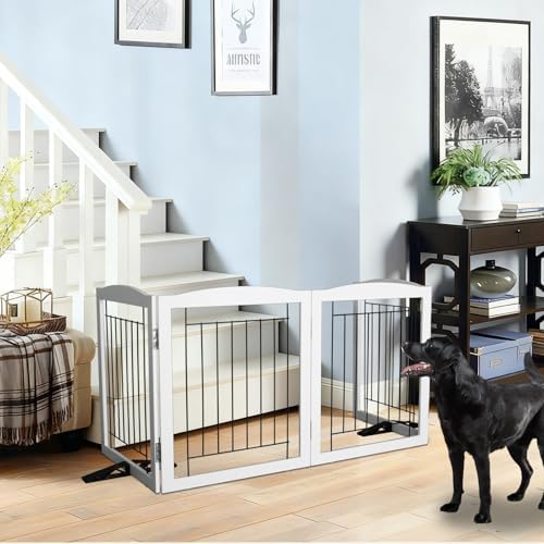 ZJSF Freestanding Dog Fence Indoor, Foldable Dog Gate for Doorways, Stairs or Hallways, Sturdy Wood Extra Wide Pet Gate with Support Feet for The House, White, 24 "Height-6 Panels - Image 3