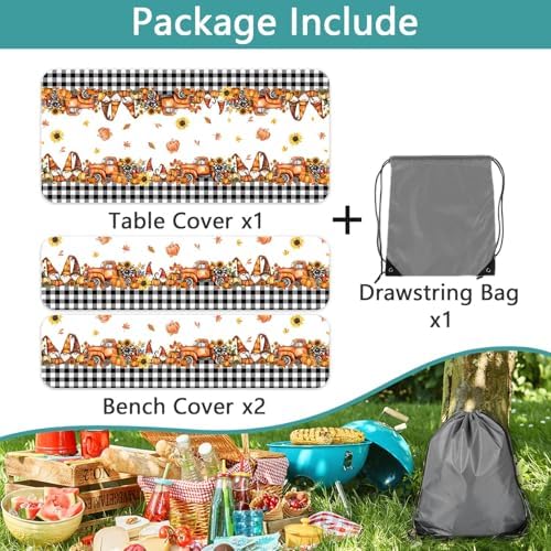 Fall Picnic Table Cover with Bench Covers, Camping Essentials, Buffalo Plaid Thanksgiving Pumpkin Waterproof Windproof, Fitted Tablecloth Cover with Elastic Edge, Indoor & Outdoor, 3 PCS, 30x96 Inch - Image 7