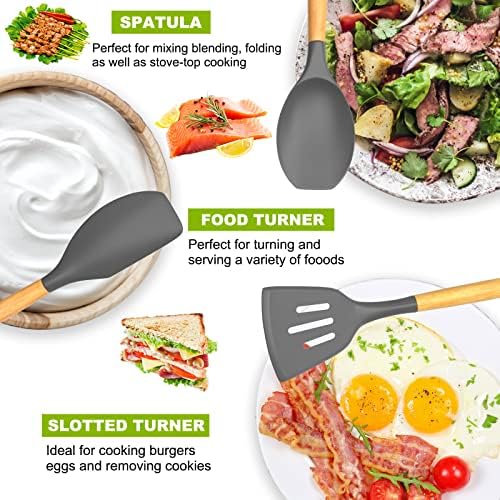 Umite Chef 36pcs Silicone Kitchen Cooking Utensils with Holder, Heat Resistant Cooking Utensils Sets Wooden Handle, Nonstick Kitchen Gadgets Tools Include Spatula Spoons Turner Pizza Cutter(Grey) - Image 4