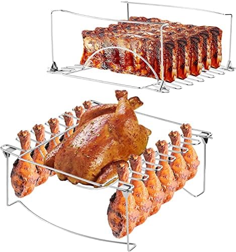 3-in-1 Rib Rack for Smoking & Chicken Leg Rack for Grill - Holds 6 Large Ribs, 12 Chicken Leg Wing, 1 Whole Chicken - Premium Foldable Space-Saving Chicken Drumstick Rib Racks for Grilling & Smoking by RTT