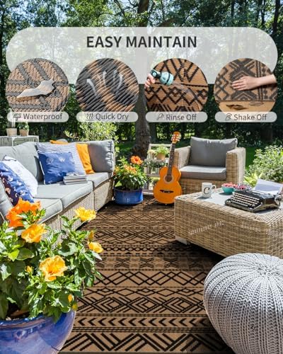 MontVoo Outdoor Rug 8x10 Waterproof Outdoor Patio Rug Mat Reverisble Plastic Straw Outdoor Rug for RV Camping Picnic Beach Balcony Boho Black Brown - Image 2