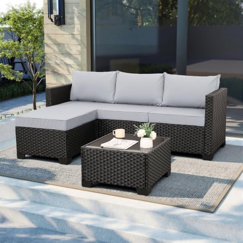 Rattaner 3 Pieces Patio Furniture Set Outdoor Sectional Wicker Patio Furniture Patio Couch with Ottoman and Outdoor Table All-Weather Anti-Slip Cushions Waterproof Covers, Light Grey - Image 3