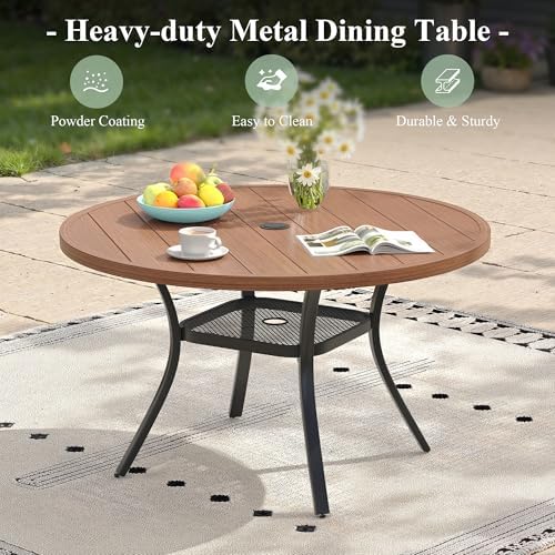Outdoor Dining Table with Adjustable Umbrella Hole, 40.6" All-Weather Round Patio Dining Table for 4, Metal Patio Table with Storage Shelf for Garden Lawn Porch Deck Yard, Walnut - Image 7