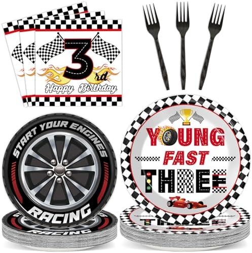 96PCS Race Car Themed 3rd Party Paper Plates and Napkins and Forks Set Young Fast Three Party Tableware Racing Checkered Flag Disposable Dinnerware for Kids Birthday Gatherings Decorations by Oitnlaughter