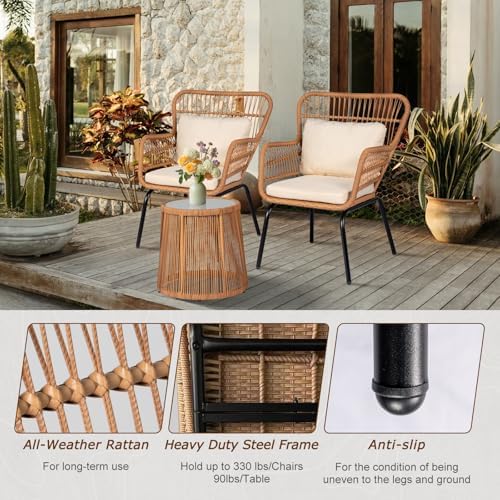 Tappio 3 Piece Outdoor Wicker Bistro Set, Patio Conversation Sets w/2 Large Rattan Chairs and Tempered Glass Table, Patio Furniture for Balcony, Porch, Poolside, Backyard, Beige - Image 2