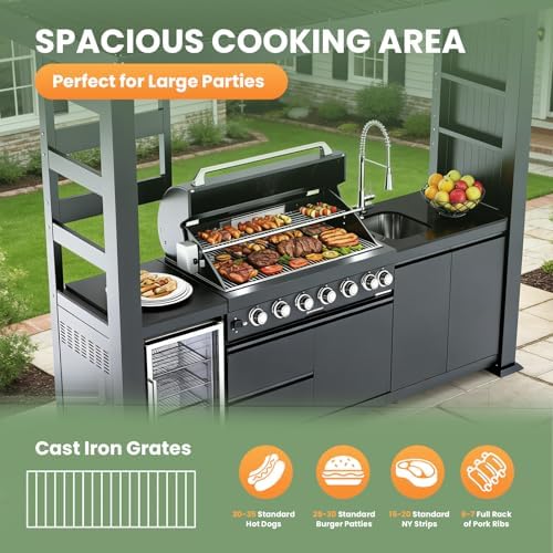 108" Outdoor Kitchen Island Crafted from Stainless Steel,6-Burner 85,000 BTU Natural Gas Grill with Rotisserie Oven,Galvanized Steel Roof,Granite Countertops,Refrigerator,Storage,Sink.(Natural Gas) - Image 6