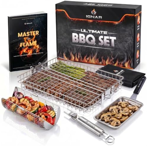 IGNAR Grill Basket Set for Outdoor Grill - Rolling Basket, Fish Basket & Draining Tray with 2 Removable Handles - Stainless Steel BBQ Grilling Accessories for Veggies, Shrimp & Meat by Unknown