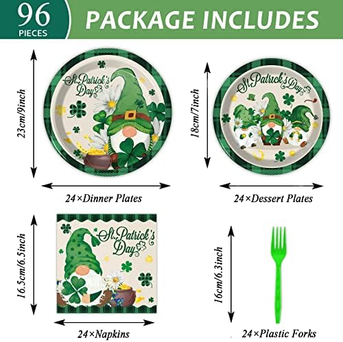 Wiooffen 96 Pcs St. Patrick’s Day Plates and Napkins Green Shamrock Gnome Lucky Tableware Set Irish Festival Party Supplies Table Decorations for 24 Guests - Image 2
