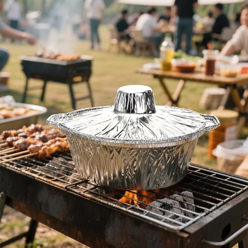 Frcctre 10 Pcs Disposable Aluminum Pot with LidS, Disposable 2 Liter Round Aluminum Foil Pan Food Container for Camping Vacation Trips Picnic Heating Cooking - Image 5