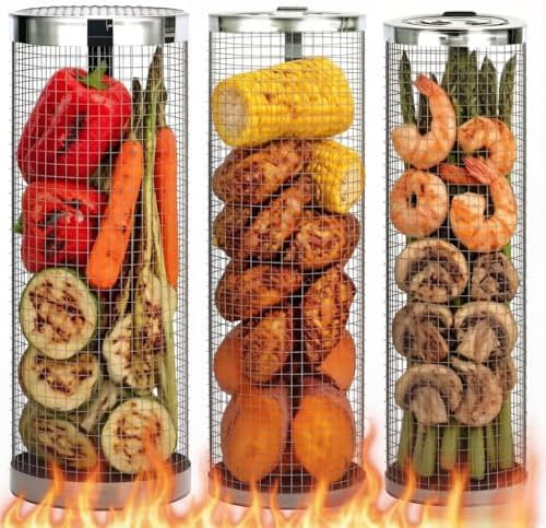 3 Pcs Rolling Grill Baskets for Outdoor Grill Accessories, BBQ Grilling Basket for Vegetables Shrimp Kebob, Outdoor Cooking Camping, Birthday Gifts for Men Dad Husband by Unknown