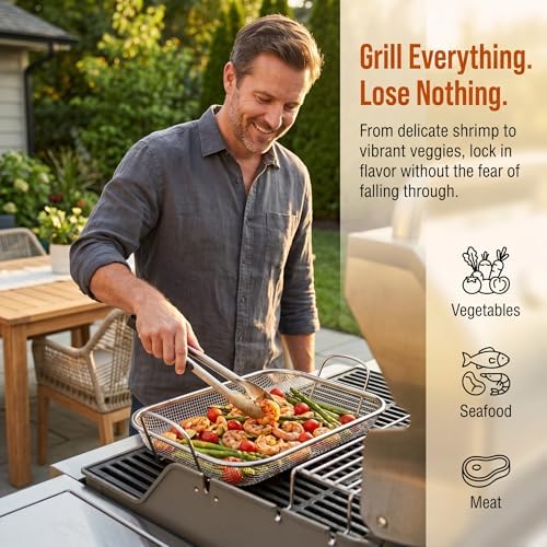 WUWEOT Grill Basket, Vegetable Barbecue Basket, 15" x 11" Stainless Steel Square Wire Mesh Grilling Basket Roasting Pan with Two Handles for Vegetables, Chicken, Meats and Fish - Image 2
