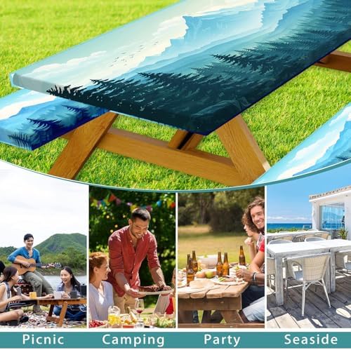 Picnic Table Cover with Bench Covers and Bag, Forest Mountain Sunset Camping Tablecloth, Waterproof Windproof Oilproof Elastic Edges Fitted Tables Cover for Indoor Outdoor 3PCS 30x60 Inch (Green) - Image 3