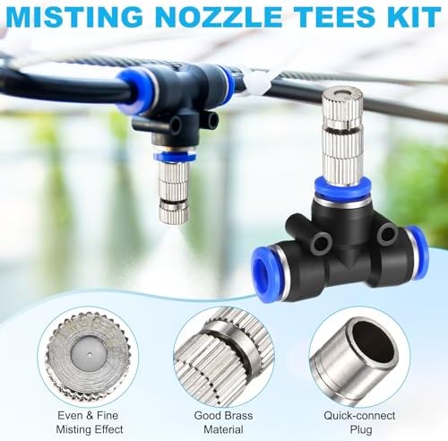 M METERXITY 5-Set Brass Misting Nozzles Tees Kit, 0.02"/0.5mm Orifice Mister Replacement Nozzles with Filter Mesh for Outdoor Cooling System/Greenhouse, Water Misting Nozzle Tees Kits - Image 2