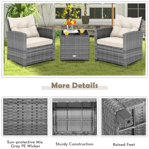 Tangkula 3 Pieces Patio Furniture Set, PE Rattan Wicker 3 Pcs Outdoor Sofa Set w/Washable Cushion and Tempered Glass Tabletop, Conversation Furniture for Garden Poolside Balcony (Mix Grey-White) - Image 7