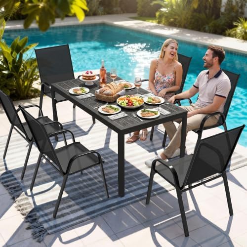 Pamapic Outdoor Dining Sets for 6, Rectangular Steel Slat Table with 6 Textilene Chairs, 7 Piece Patio Table and Chairs Set with Umbrella Hole for Patio, Backyard, Poolside (Black, No Umbrella) - Image 5