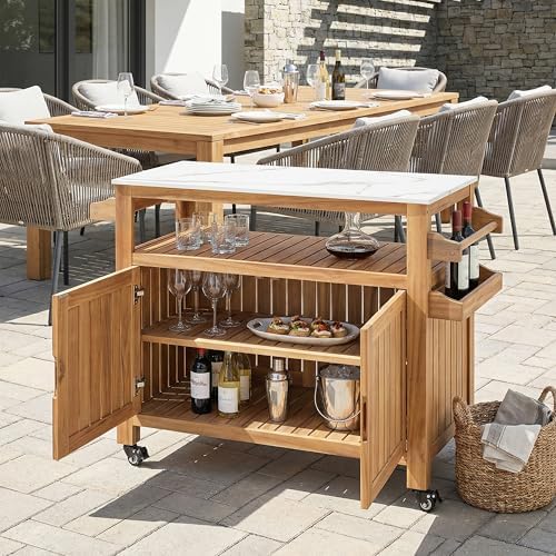 Christopher Knight Home Shina Outdoor Bar Cart with Marble-Effect Top and Lockable Wheels, Acacia Wood Outdoor Storage Cabinet with Three-Tier Slatted Shelves, Kitchen Island Serving Cart, Natural - Image 4