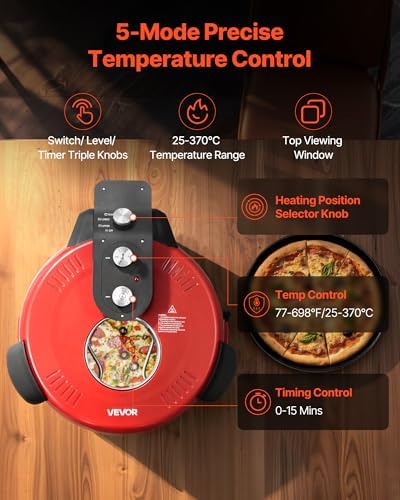 VEVOR 14 in Pizza Oven Indoor, XL Large Electric Pizza Maker, 1600W Home Compact Pizzas Cooker with Timer & Temp Knob, 5 Heating Level, Max 698 ˚F Countertop Oven with Cutter & Scraper, Retro Red - Image 4