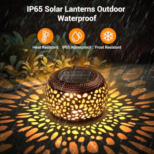 Solar Lanterns Outdoor Waterproof: 2 Pack Hollowed-Out Retro Metal Lantern Lights - Solar Lantern Decorative - Gifts for Women Mother's Day, Outside Garden Yard Patio & Indoor Tabletop Decor - Image 6