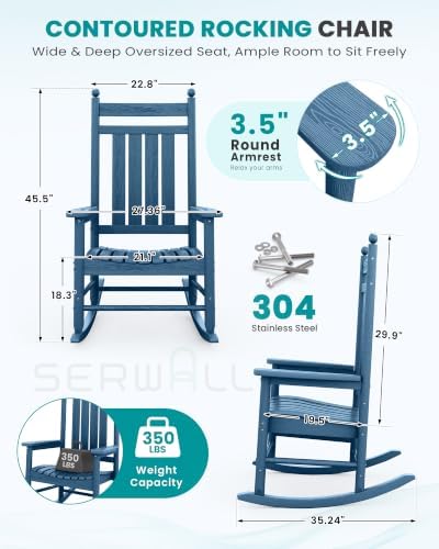 SERWALL Comfortable Outdoor Rocking Chairs Set of 3, Blue - Image 2