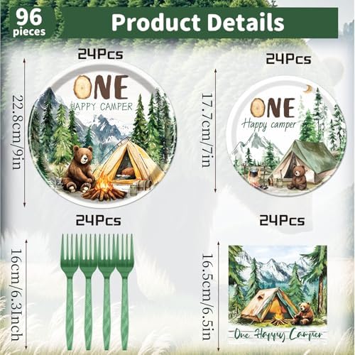 Happy One Camper Birthday Decorations Supplies, 96PCS Camping 1st Party Plates and Napkins Set, Disposable Adventure Tableware(Serve 24 Guests) - Image 2