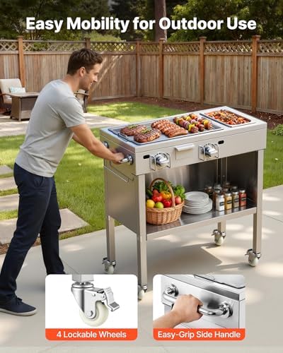 VEVOR Outdoor Propane Griddle, 2 Burners (11,600 BTU Each), Commercial Stainless Steel Gas Griddle Cart with 4 Lockable Wheels, 1/3 Food Pan, Easy-Grip Side Handle, Ideal for Hot Dogs, Burgers & Meats - Image 5