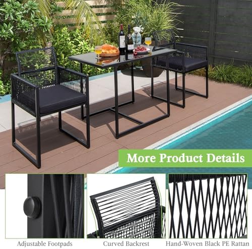 Tangkula 3 Pieces Outdoor Dining Set, PE Rattan Patio Furniture Set with Folding Backrest, Cozy Seat Cushions, Tempered Glass Tabletop, Space-Saving Bistro Table and Chairs Set of 2 for Backyard Pool - Image 3