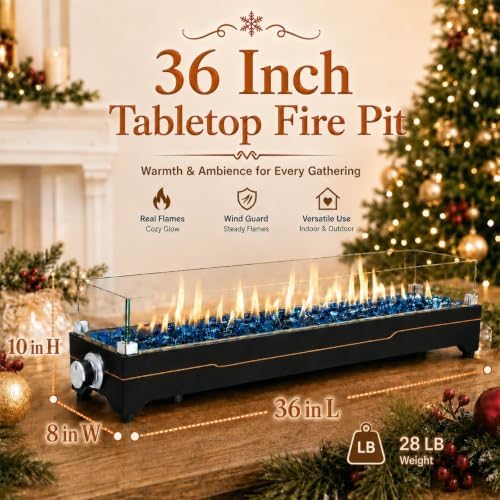GRISUN 36 Inch Propane Tabletop Fire Pit, 50,000 BTU with Glass Wind Guard - Image 3