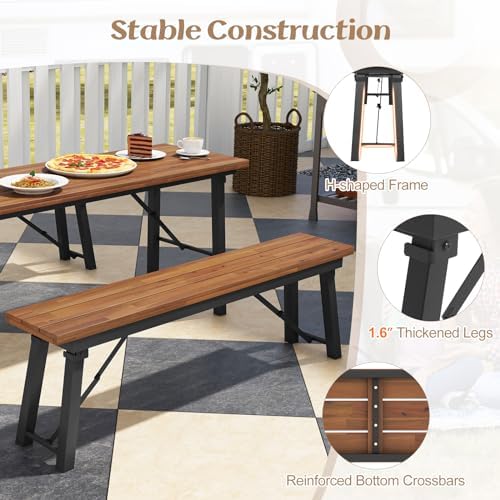 Tangkula Outdoor Dining Table With Benches for 4-6 Persons, No Assembly Foldable 59 Inches Narrow Patio Dining Table with Acacia Wood Top & Heavy Duty Metal Frame, for Yard, Garden, Poolside or Indoor - Image 4