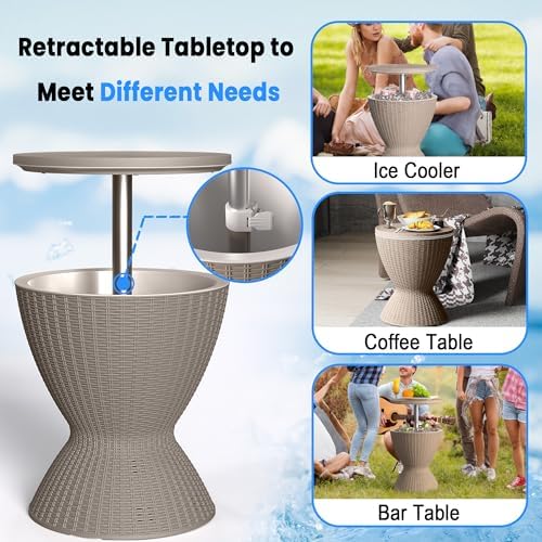 EasyUp Outdoor Cooler Bar Table – 8 Gallon Outdoor Patio Cooler Table with Drain Plug, Adjustable Height Rattan-Style Resin Cool Bar for Poolside, Deck, BBQ & Parties (Grey) - Image 4