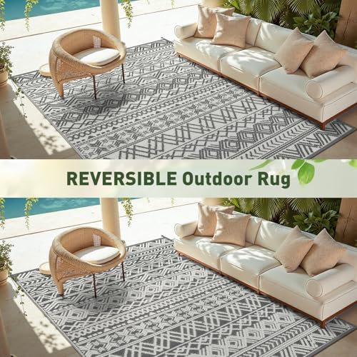 MontVoo Outdoor Rug Carpet Waterproof 9x12 Outdoor Patio Rug Mat Reverisble Plastic Straw Outdoor Rug for RV Camping Picnic Beach Balcony Boho Grey Large - Image 6