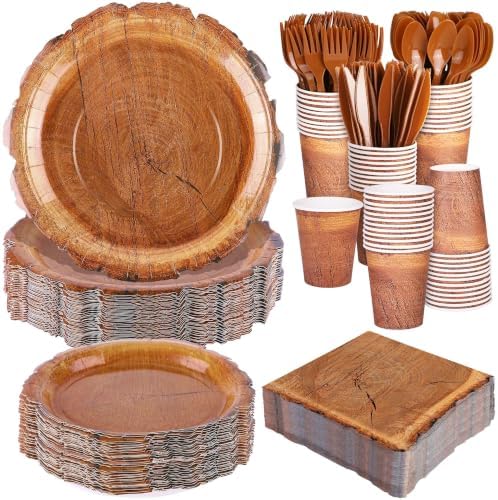 Kochorie 400 Pieces Wood Grain Slice Disposable Party Tableware Sets Rustic Wood Party Supplies Including Plates Cups Napkins Cutlery Serves 50 for Camping Birthday Forest Themed Party Decorations by Kochorie