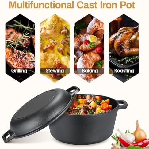 TLGREEN Cast Iron Dutch Oven 6.7QT Pot 2.5QT Skillet Lid Silicone Holders - Image 7