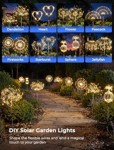 Brightown 4 Pack Garden Decor Solar Lights Outdoor Decorative,150LED Firework Lights for Outside,8 Modes Solar Powered Stake Fairy Light for Yard Pathway Flowerbed Patio Christmas Decor,Warm White - Image 2