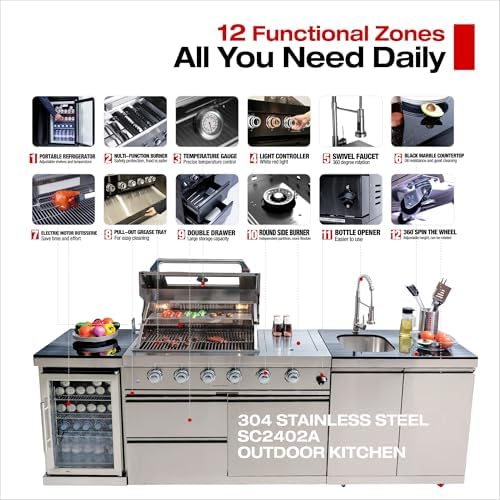98.4" Outdoor Kitchen Island, 4-Burner Propane Grill & Fridge, Sink, Silver - Image 3