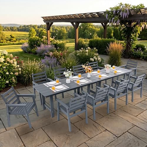 12-Piece Outdoor Dining Set, All-Weather HDPE Patio Furniture, Two 66.5" Slatted Table with 1.6" Umbrella Hole & 10 Ergonomic Armchairs, Heavy Duty 350lbs Capacity, UV Resistant, Gray by Unknown
