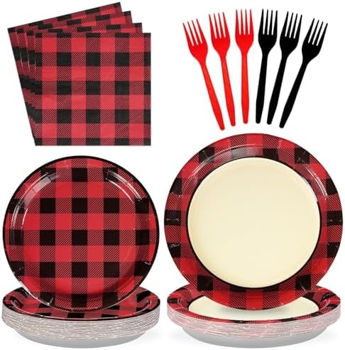 Grencian 96 Pcs Red Black Buffalo Plaid Party Decorations, Serves 24 by Grencian