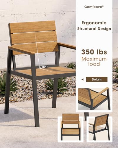 Outdoor Dining Chiars Set of 2, Aluminum Patio HDPS Outdooor Dining Chiars, All Weather Patio Furniture Set (Gray & Teak) - Image 2