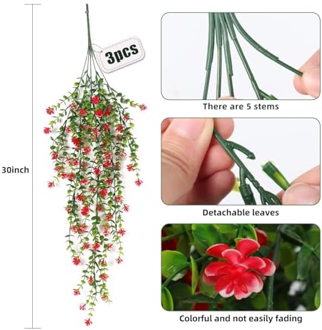 RECUTMS Artificial Hanging Plants Faux Hanging Vine Red Flowers Fake Plants - Image 2