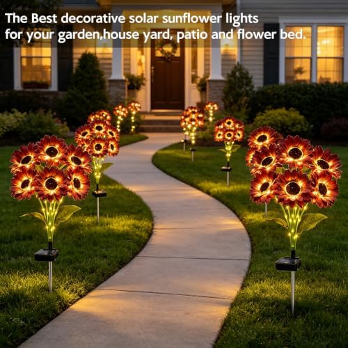 Solar Sunflower Lights Outdoor Garden Decor, 4 Pack Solar Brown Flowers Lights with 24 Sunflowers, Waterproof Fall Decor Stake Decorative Light Auto ON/Off for Garden Yard Patio, Gift for Women - Image 5
