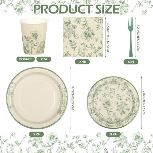 Kochorie 144 Pieces Floral Party Supplies, Sage Green Flower Tableware Sets Including Disposable Paper Plates Napkins Cups Forks Serves 24 for Wedding Baby Shower Birthday Party Decorations - Image 2