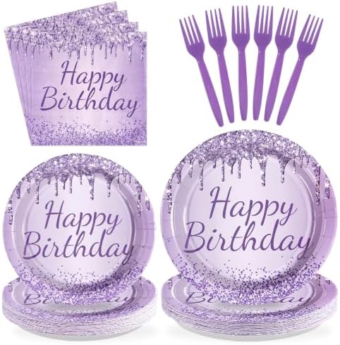 96 Pcs Glitter Purple Theme Birthday Party Decorations Serves 24 by Greencian