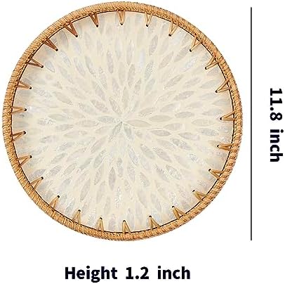 Kmelep Round Rattan Tray with Mother of Pearl Inlay, Rattan Serving Tray with Wooden Base, Decorative Wicker Basket for Table Decor, Storage and Display of Coffee Bread Food Fruit (Leaf 2) - Image 6