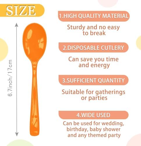 SietDESEO 50 PCS Orange Plastic Spoons Disposable Utensils Heavy Duty Orange Spoons Disposable Cutlery for Birthday Wedding Baby Shower Bridal Shower Plastic Silverware - Image 3