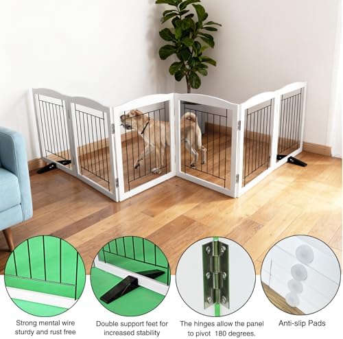 ZJSF Freestanding Dog Fence Indoor, Foldable Dog Gate for Doorways, Stairs or Hallways, Sturdy Wood Extra Wide Pet Gate with Support Feet for The House, White, 24 "Height-6 Panels - Image 5