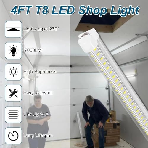 Led Shop Lights,Led Shop Lights 4FT 50W 6500K 7000LM Clear White,Shop Light 4FT 110V Linkable Integrated V-Shape for Shop Garage,Warehouse,Workbench and Workshop Commercial Bay Lighting(2-Pack) - Image 3