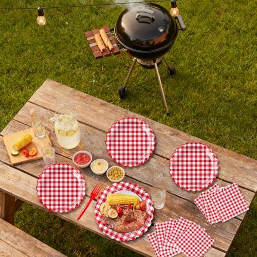 102 PCS Red Gingham Party Supplies - Christmas Scalloped Plates, Napkins, Forks, Banner, Gingham Tablecloth for Baby Shower, Birthday, Picnic Party Decorations, Serves 25 - Image 6
