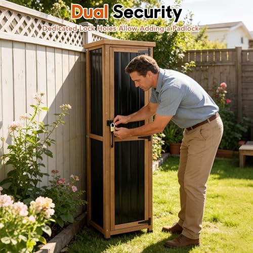 Outdoor Storage Cabinet, Wood & Metal Storage Shed with Weatherproof Roof, 3 Removable Shelves, Lockable Door, Adjustable Feet, Outside Storage Cabinet for Garage, Patio, Backyard - Image 3